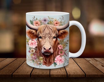 Highland Cow muggomslag 11oz, 15oz mugg sublimeringsomslag digital nedladdning ENDAST blomma kaffekopp tekopp omslag PNG julmugg PNG ko-mugg