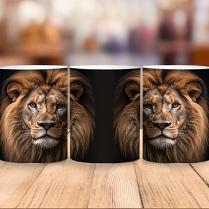 May include: Three white ceramic mugs with a close-up image of a lion's face on each mug. The lion has a brown mane and a black background.