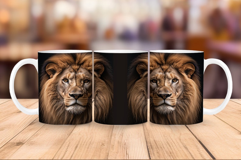 May include: Three white ceramic mugs with a close-up image of a lion's face on each mug. The lion has a brown mane and a black background.