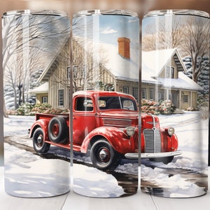 Christmas Red Truck Tumbler 20oz Skinny Sublimation Design Snow 20oz Straight Tumbler Wrap PNG Digital Download ONLY Farmhouse PNG