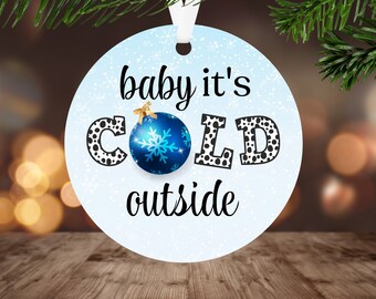 Baby It's Cold Outside Ornament Sublimation PNG, Instant Digital Download, Christmas Round Ornament PNG, Cow Print