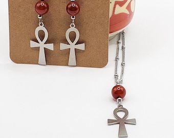 Ankh necklace or earrings with red agate beads, Egyptian hieroglyphic symbol, life necklace