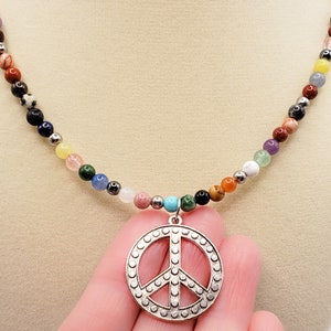 Large Peace Sign Pendant on Beaded Chain - 4mm Beads - Modern Boho Necklace
