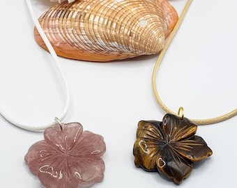 Carved Hibiscus Pendant Necklace: Tiger Eye or Strawberry Quartz