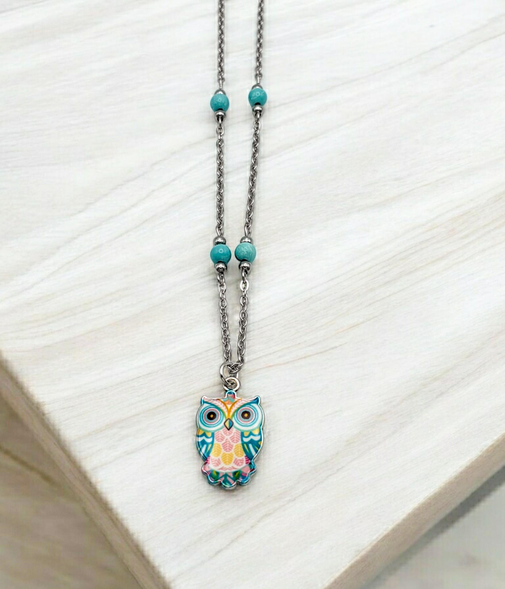 Whimsical Owl Charm Necklace - Stainless Steel with Colorful Floating Beads