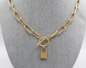 Padlock Charm Necklace - 18K Gold-Plated Stainless Steel - Paperclip Chain