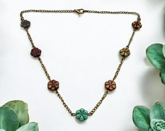Handmade Bronze Necklace: Czech Glass Flower Beads, Boho Style
