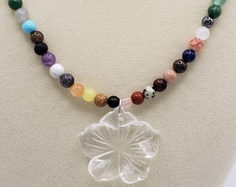 Hawaiian Flower Pendant on Colorful Gemstone Bead Chain - Clear Quartz Carved Flower