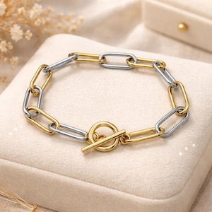 Mixed Metal Paperclip Chain Bracelet: Stainless Steel & Gold Toggle Clasp