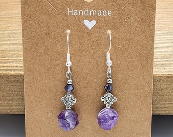 Amethyst earrings, sterling silver ear wires, 10mm amethyst beads with glass and metal bead