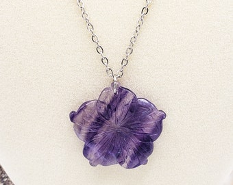 Hawaiian Flower Pendant: Carved Hibiscus Necklace - Rainbow Fluorite
