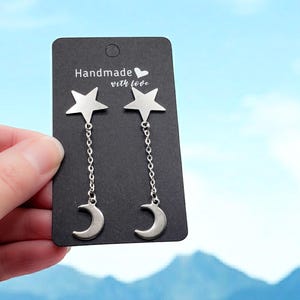 Star Earrings with Dangling Moon - Celestial Jewelry - Stainless Steel Moon & Star Earrings - Silver Celestial Jewelry - Star Post Earrings