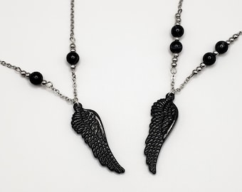 Black Angel Wing Necklace: Stainless Steel & Agate Beads