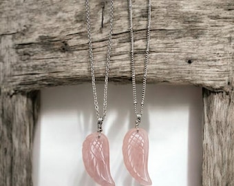 Rose Quartz Wing Necklace: Stainless Steel Chain, Choose Style & Length
