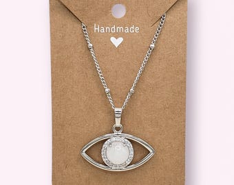 White Quartz Evil Eye Pendant – Rhinestone Detail on Stainless Steel Chain - Protective Necklace
