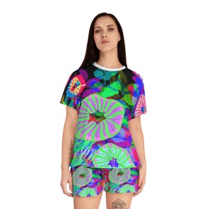 Psychedelic Garden Print | Women&#39;s Short Pajama Set | PJ&#39;s | Lounge Wear | Nighty | Cute Gift