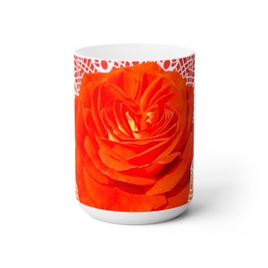 Big Orange Rose On White Lace Against The Sunset | Garden Lover | Beautiful Flower | All Over Print | Ceramic Mug 15oz