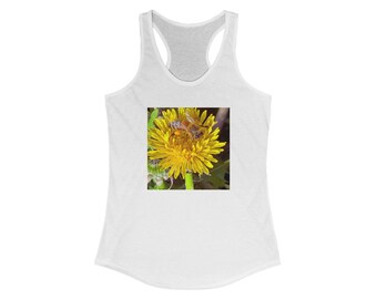 Regata Dandelion Bee, Top Happy Buzz Pollination Bee On Dandelion Flower, Regata Nature Lover Bee, Regata feminina Dandelion Bee Racerback