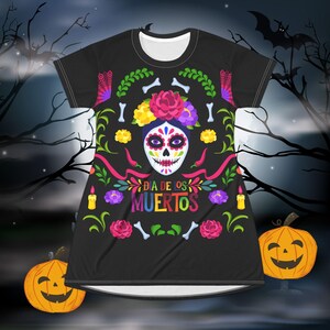 Dia De Los Muertos T-Shirt Dress, Day Of The Dead Halloween Night Party Costume Shirt Dress, Mexican Floral Sugar Skull Tee Shirt Dress