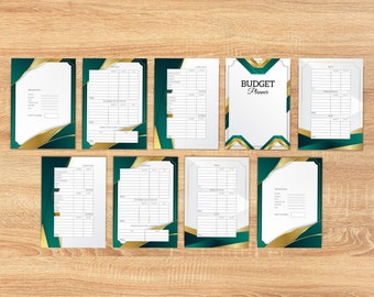 May include: A green and gold budget planner with a geometric design. The planner includes pages for tracking income, expenses, bills, and savings.
