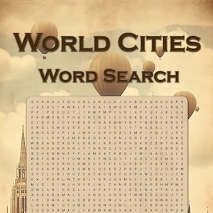 Puzzle de recherche de mots dans les capitales célèbres - 30 majuscules, PDF A5, puzzle pour les amateurs de géographie et les voyageurs du monde