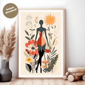 Abstract Botanical Woman Art, AI-Generated, High-Resolution Digital Download, Elegant Design, Printable Wall Art, Above Bed Decor