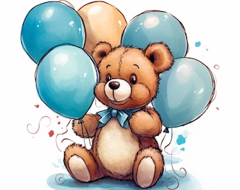 A collection of 25 AI generated teddy bears with blue ballons for announcing the gender of a newborn.