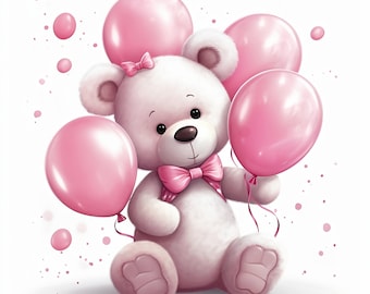 A collection of 26 AI generated teddy bears with ballons for announcing the gender of a newborn 13 Blue & 13 Pink