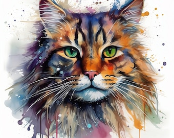 Watercolor Dripping Art Cat Breed Collection - 30 Popular Breeds, 60 High-Resolution JPG Images, Instant Download,Digital AI-generated