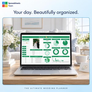 May include: A laptop displaying a digital wedding planner spreadsheet with green headers, charts, and a photo of a couple. The screen shows the text "Alexander Smith & Sophie Davis" and "Your day. Beautifully organized." The logo "Spreadsheets Team" and "THE ULTIMATE WEDDING PLANNER" are visible.