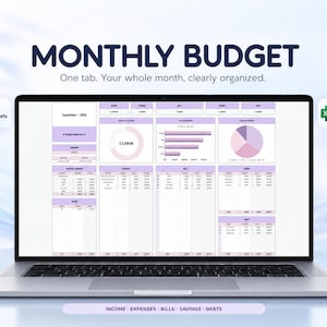 May include: A laptop screen displaying a digital monthly budget spreadsheet template with purple accents. The interface includes charts, tables for income, expenses, bills, savings, and debts, with text reading MONTHLY BUDGET and Works with Google Sheets and Excel.
