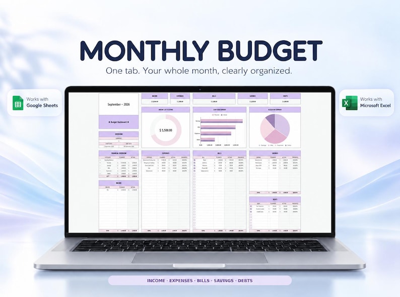 May include: A laptop screen displaying a digital monthly budget spreadsheet template with purple accents. The interface includes charts, tables for income, expenses, bills, savings, and debts, with text reading MONTHLY BUDGET and Works with Google Sheets and Excel.