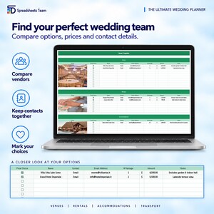 May include: A laptop screen displays a digital wedding planner spreadsheet titled The Ultimate Wedding Planner by Spreadsheets Team. The interface features green headers, vendor contact lists, and checkboxes for comparing venues, rentals, and accommodations.