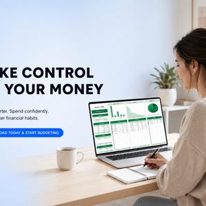 May include: A laptop displaying financial charts and data sits on a wooden desk next to a white mug and a notebook. Text reads: TAKE CONTROL OF YOUR MONEY, Plan smarter. Spend confidently. Build better financial habits. DOWNLOAD TODAY & START BUDGETING.