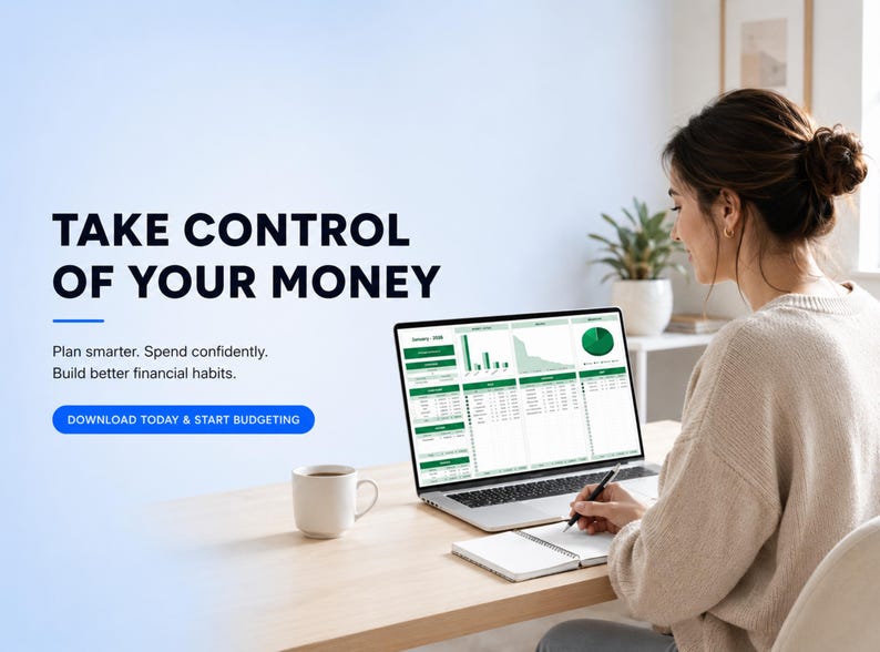 May include: A laptop displaying financial charts and data sits on a wooden desk next to a white mug and a notebook. Text reads: TAKE CONTROL OF YOUR MONEY, Plan smarter. Spend confidently. Build better financial habits. DOWNLOAD TODAY & START BUDGETING.