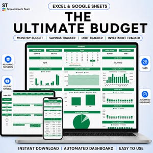 May include: A digital budget spreadsheet template for Excel and Google Sheets titled The Ultimate Budget. The interface displays a dashboard with green charts, a calendar, and financial trackers on a laptop, tablet, and smartphone screen.