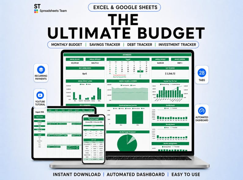 May include: A digital budget spreadsheet template for Excel and Google Sheets titled The Ultimate Budget. The interface displays a dashboard with green charts, a calendar, and financial trackers on a laptop, tablet, and smartphone screen.