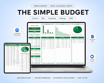 Simple Budget Spreadsheet, 1-Page Expense Tracker (Excel & Google Sheets)