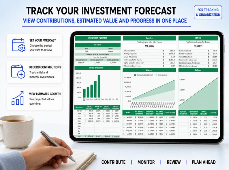 May include: A digital tablet displaying an investment forecast dashboard with green and white charts, tables, and financial data. The screen shows text including TRACK YOUR INVESTMENT FORECAST, SET YOUR FORECAST, RECORD CONTRIBUTIONS, and VIEW ESTIMATED GROWTH.