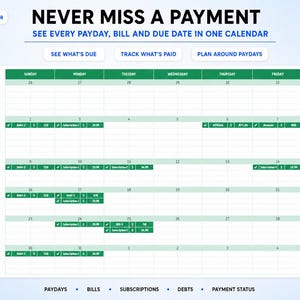 May include: A digital smart monthly calendar for August 2026 with a green and white layout. The header reads NEVER MISS A PAYMENT and SEE EVERY PAYDAY, BILL AND DUE DATE IN ONE CALENDAR. It includes sections for tracking income, bills, and debts.