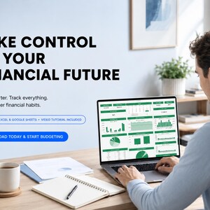 May include: A laptop screen displays a financial dashboard with green charts and graphs. Text reads: TAKE CONTROL OF YOUR FINANCIAL FUTURE. Plan smarter. Track everything. Build better financial habits. 28 TABS &bull; EXCEL & GOOGLE SHEETS &bull; VIDEO TUTORIAL INCLUDED. DOWNLOAD TODAY & START BUDGETING.