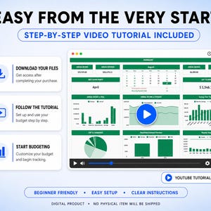 May include: A digital budget tracker interface featuring a dashboard with green charts, graphs, and financial data. The text reads EASY FROM THE VERY START, STEP-BY-STEP VIDEO TUTORIAL INCLUDED, and outlines a three-step process for setup.