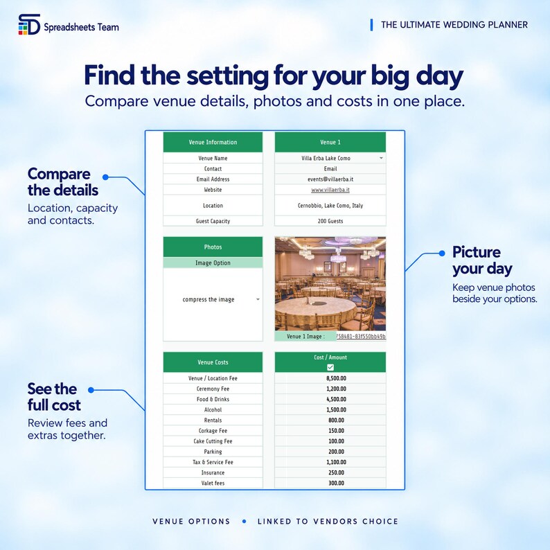 May include: A digital wedding planner spreadsheet template titled Find the setting for your big day. It features sections for venue information, photos, and costs, including a table for Villa Erba Lake Como with a photo of a banquet hall.