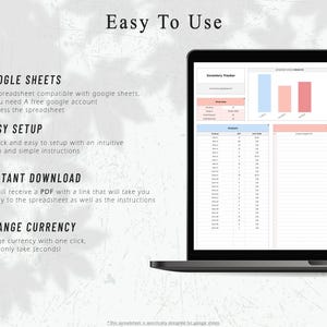 May include: A laptop displaying a spreadsheet titled "Inventory Tracker." The screen shows data tables, charts, and the text "Easy To Use." Features include Google Sheets compatibility, easy setup, instant download, and currency conversion.