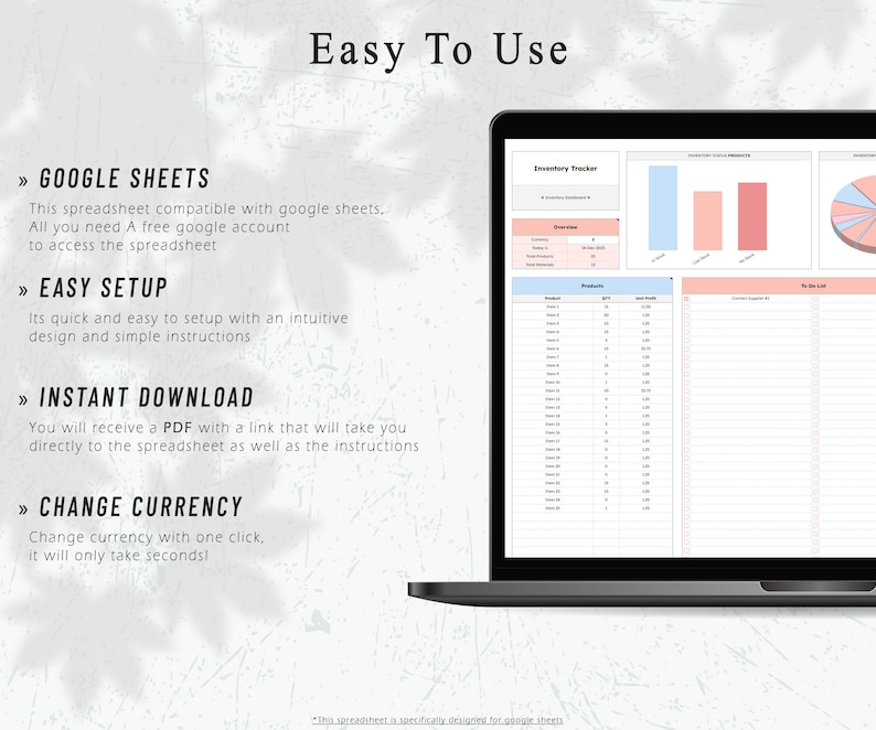 May include: A laptop displaying a spreadsheet titled "Inventory Tracker." The screen shows data tables, charts, and the text "Easy To Use." Features include Google Sheets compatibility, easy setup, instant download, and currency conversion.