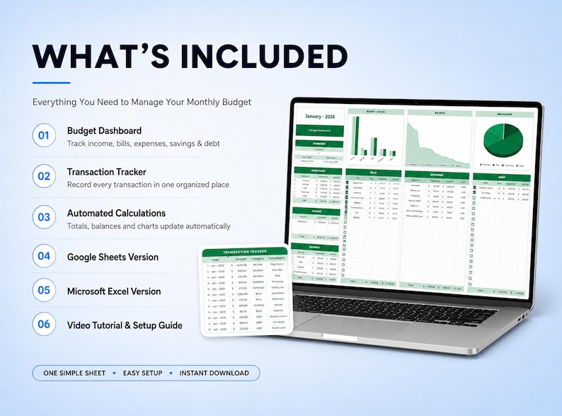 May include: A laptop displaying a digital budget dashboard with green charts and tables, accompanied by a transaction tracker card. The text includes WHAT'S INCLUDED, Budget Dashboard, Transaction Tracker, Automated Calculations, Google Sheets, and Microsoft Excel.