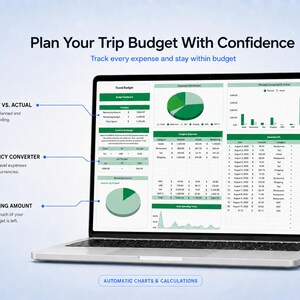 May include: A laptop screen displaying a travel budget dashboard with green and white charts, tables, and data fields. Text includes Plan Your Trip Budget With Confidence, Budget vs. Actual, Currency Converter, Remaining Amount, and Automatic Charts.