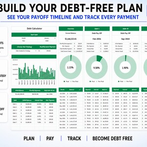 May include: A digital debt payoff planner spreadsheet featuring a debt calculator, strategy selection, and payment tracking. The interface includes green and white charts, tables, and progress circles with text labels like BUILD YOUR DEBT-FREE PLAN and PAYOFF PROGRESS AT A GLANCE.