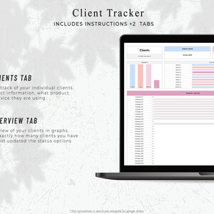 May include: A laptop displaying a client tracker spreadsheet. The screen shows data organized in tables with pink, blue, and orange color-coded sections. Text on the screen includes "Clients," "Products/Service," and "Overview Tab." The laptop is on a light background with text that reads "Client Tracker."