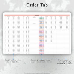 May include: A digital spreadsheet titled "Order Tab" with rows and columns of data. The text "Order Tracker" is visible. Instructions include "Double click to select the correct date" and "Custom drop-down menu to select product status options."